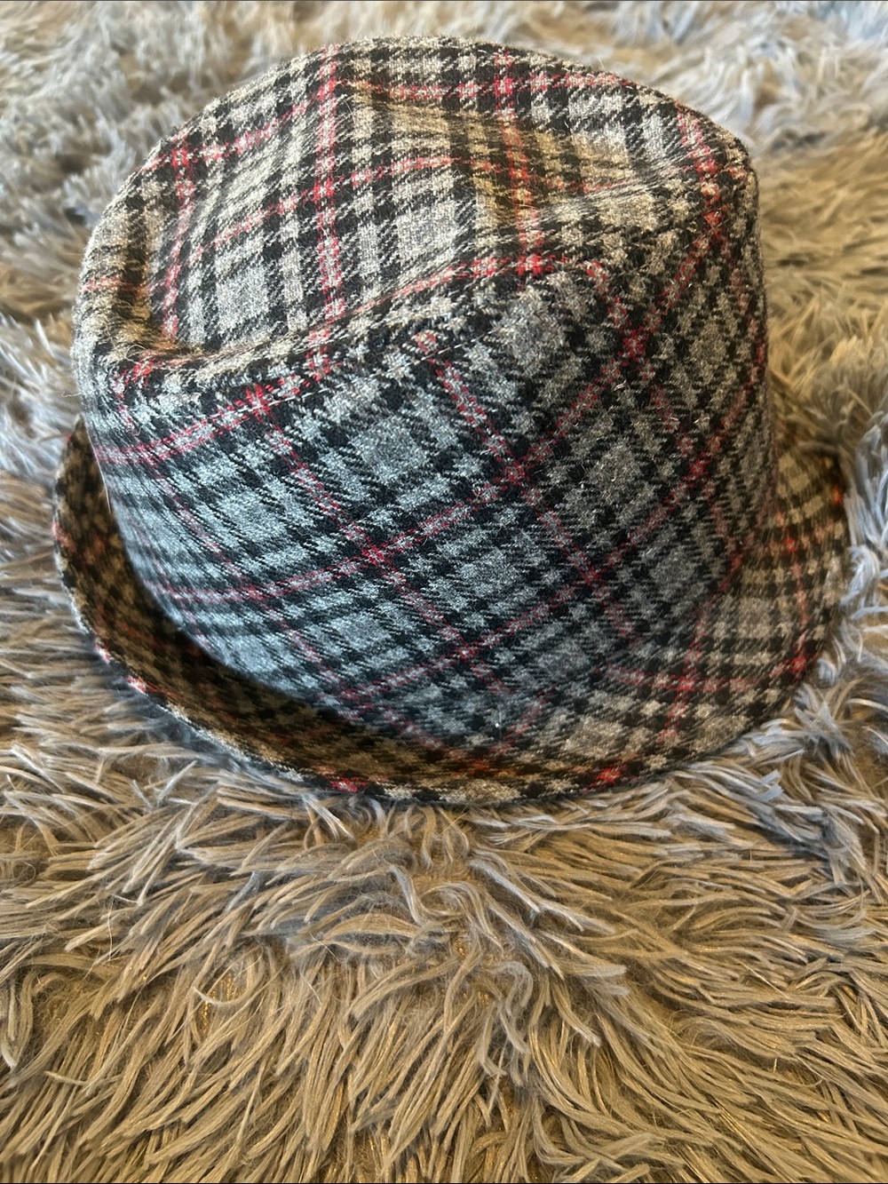 Plaid Wool Blend Fedora Hat - Gray with Pink Accent
